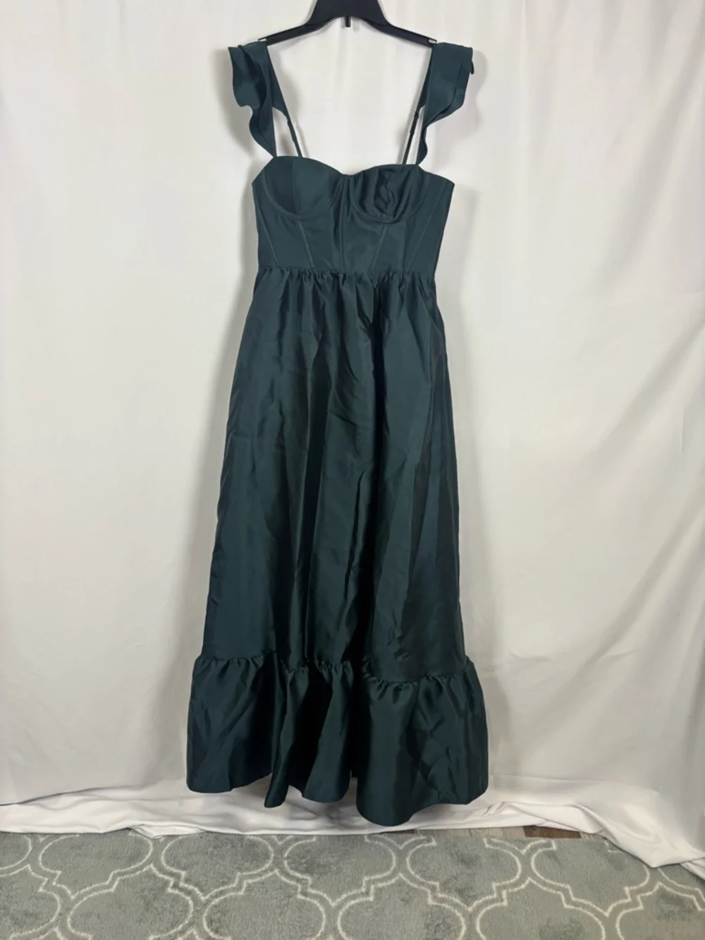 Dessy Collection Evergreen Satin Corset Maxi Dress with Ruffle Straps - Picture 2 of 7